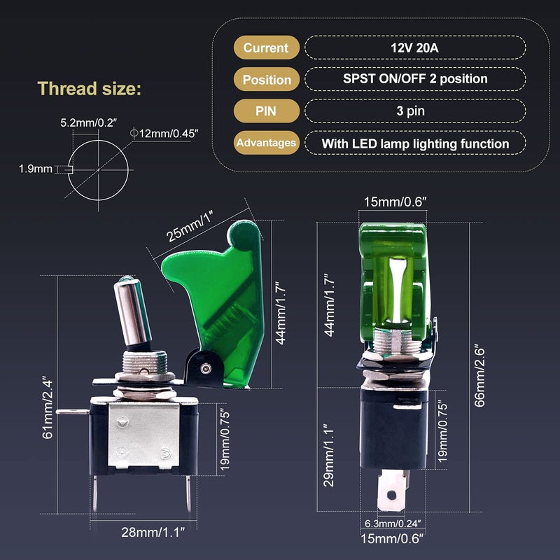 Twidec/3Pcs Rocker Toggle Switch 12V 20A Heavy Duty Racing Car Automative Auto SPST ON/Off Toggle Switch Green LED Illuminated 3Pin with Green Waterproof Safety Cover ASW-07DGGMZ - Image 4